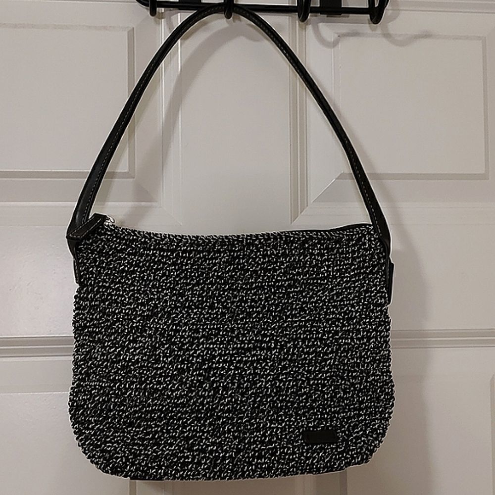 Le Sac Elliott Lucca Crocheted Leather Shoulder Bag Black White Tweed